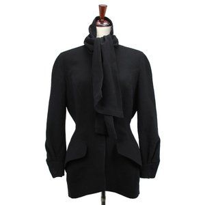 VTG 80s Thierry Mugler Black Wool Sculptural Attached Scarf Blazer Suit Coat 40